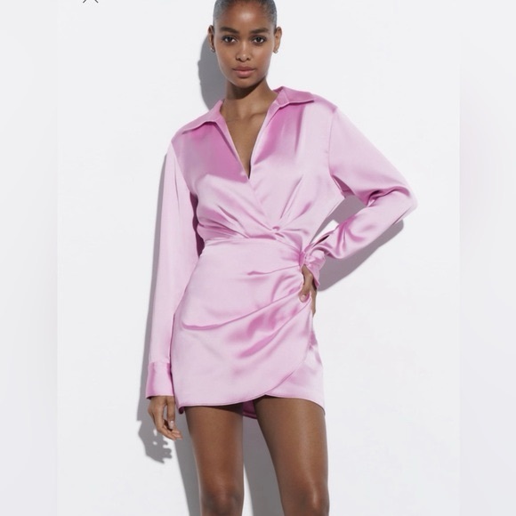 Zara mini dress satin effect drapped long sleeve pink party wedding coctail - Picture 4 of 7